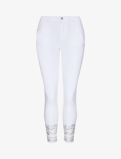 Jean slim taille haute broderie cachemire stylisée - Blanc - 4