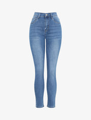 Jean slim à taille haute délavé - Bleu clair - 1
