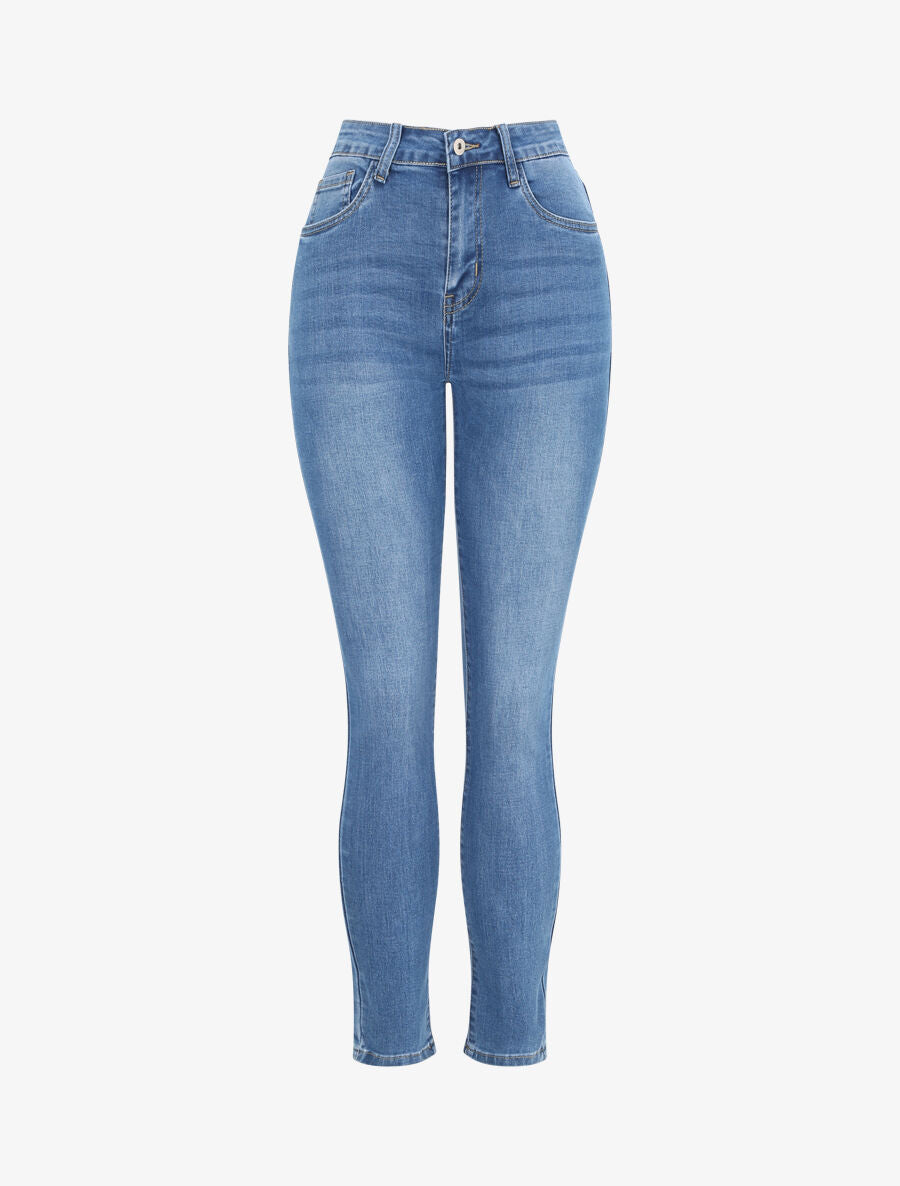 Jean slim à taille haute délavé - Bleu clair - 1