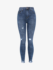 Jean skinny taille haute déchiré à bords effilochés - Bleu denim - 1