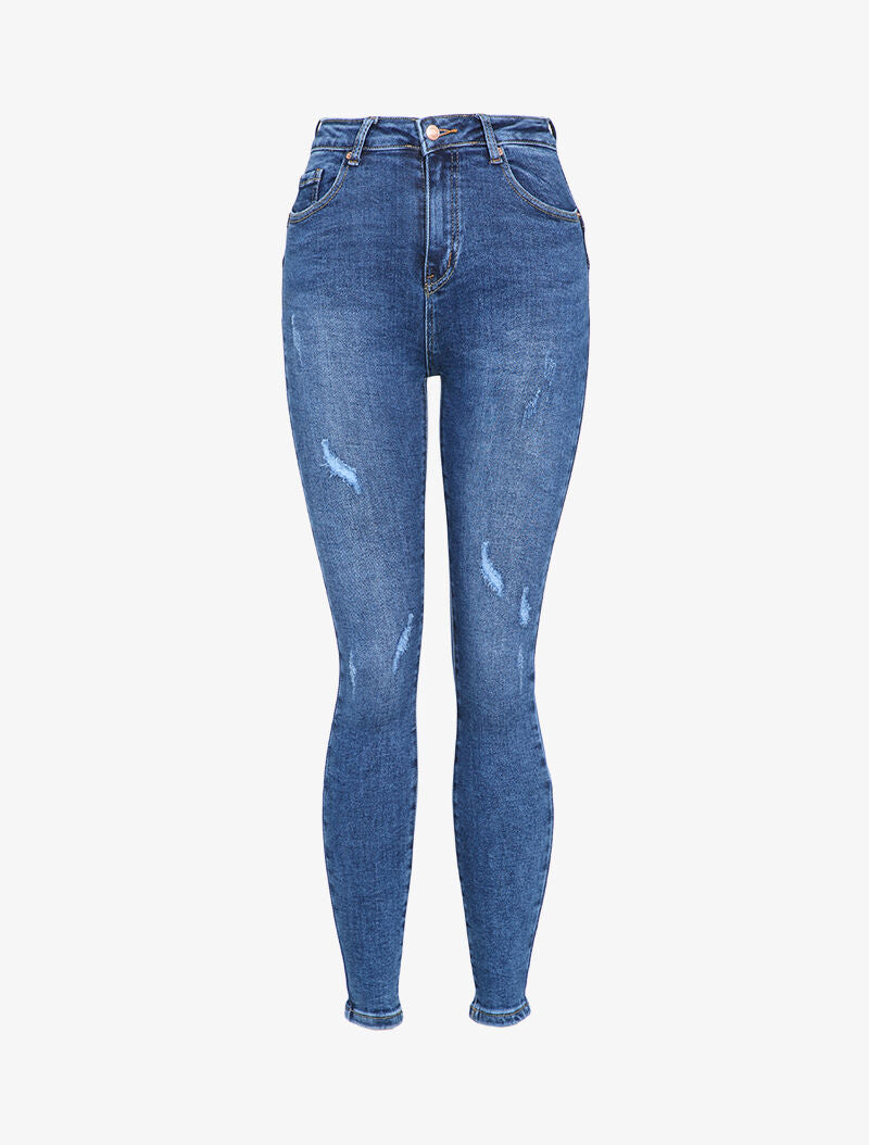 Jean skinny taille haute à déchirures - Bleu denim - 1