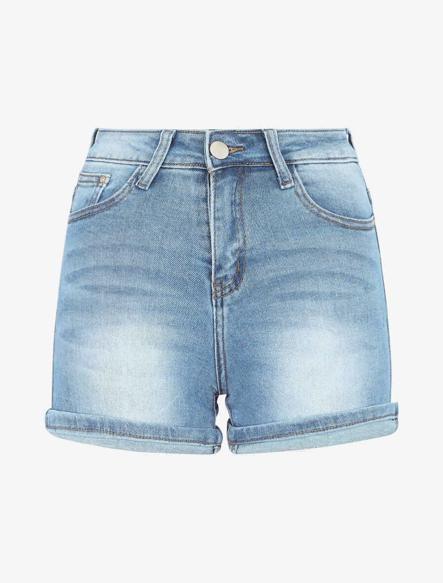 Short en jean délavé à revers - Bleu clair - 1