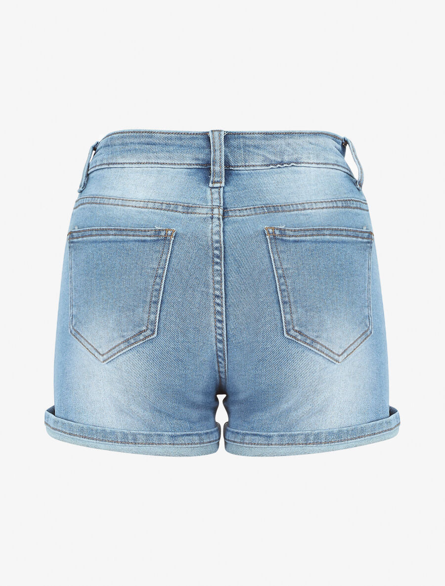 Short en jean délavé à revers - Bleu clair - 2