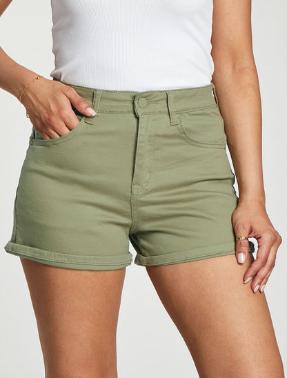 Short en jean à ourlets - Kaki - 4