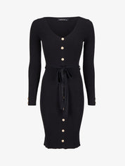 Robe pull mi-longue et côtelée à boutons décoratifs - Noir - 1