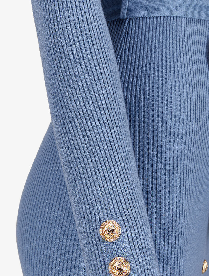 Robe pull mi-longue et côtelée à boutons décoratifs - Bleu - 3