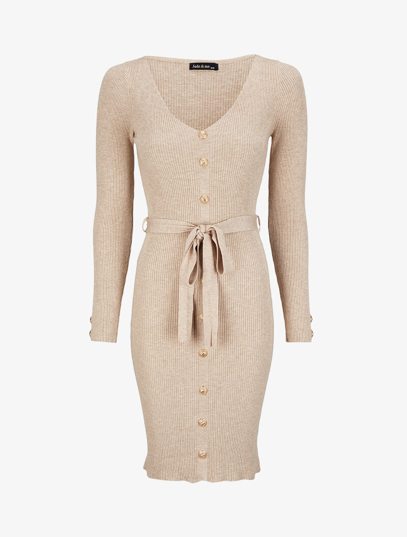 Robe pull mi-longue et côtelée à boutons décoratifs - Beige - 1