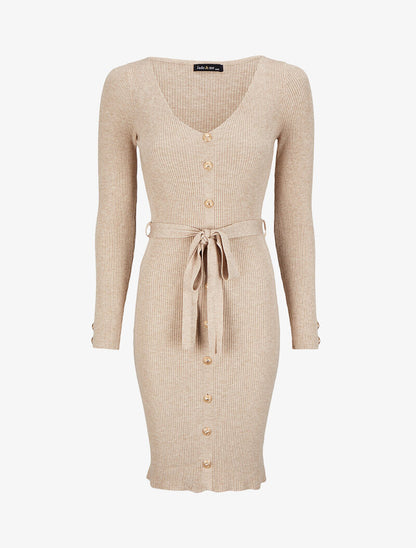 Robe pull mi-longue et côtelée à boutons décoratifs - Beige - 1