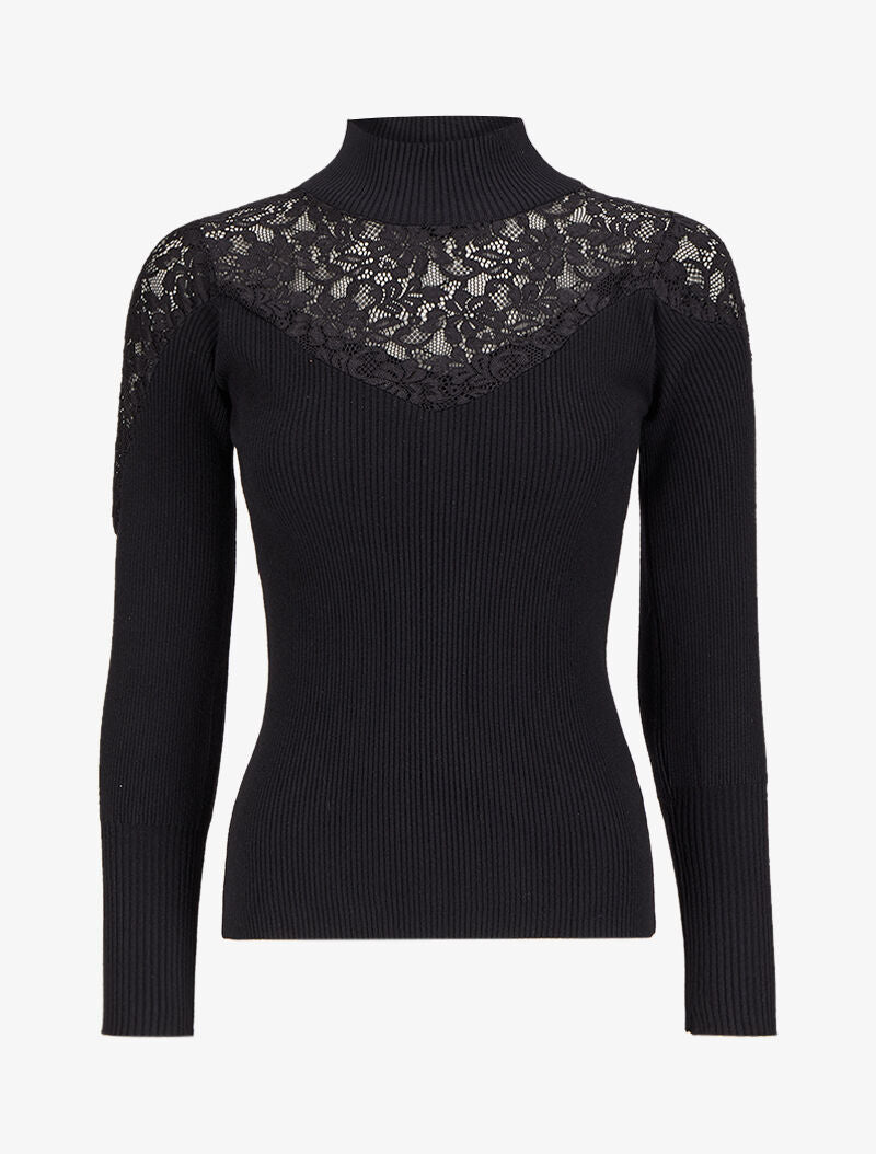 Pull côtelé à épaules en dentelle et col montant - Noir - 1