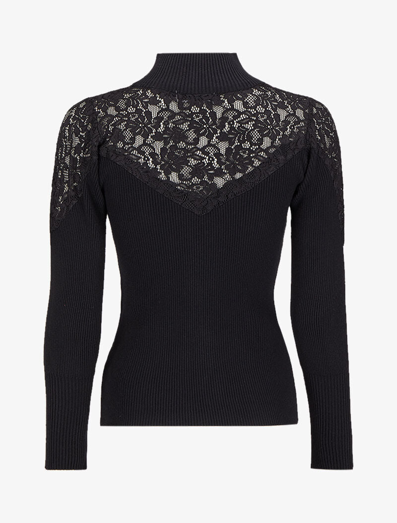 Pull côtelé à épaules en dentelle et col montant - Noir - 2