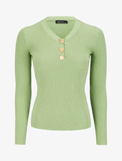 Pull côtelé à col V boutonné - Vert pomme - 1