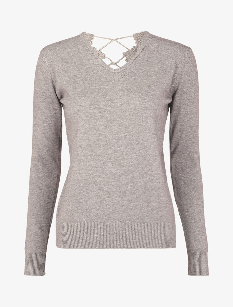 Pull à dos en V ouvert en crochet stylisé ajouré - Gris chiné - 1