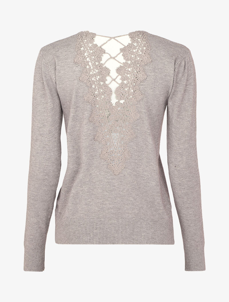 Pull à dos en V ouvert en crochet stylisé ajouré - Gris chiné - 2