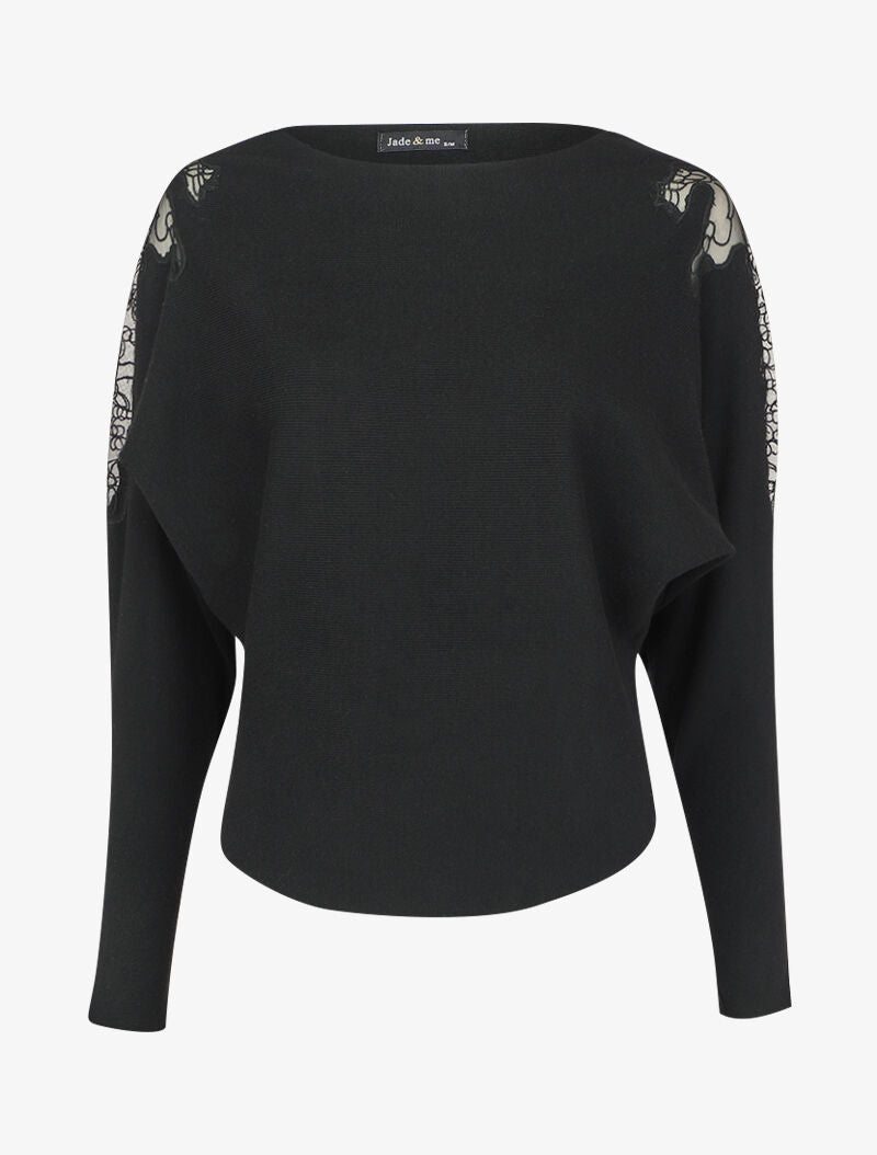 Pull manches dolman à motifs en tulle transparent et bords arrondis - Noir - 4