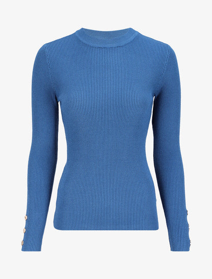 Pull côtelé basique à poignets boutonnés - Bleu - 2