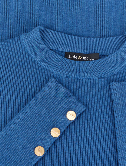 Pull côtelé basique à poignets boutonnés - Bleu - 4