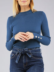 Pull côtelé basique à poignets boutonnés - Bleu - 1