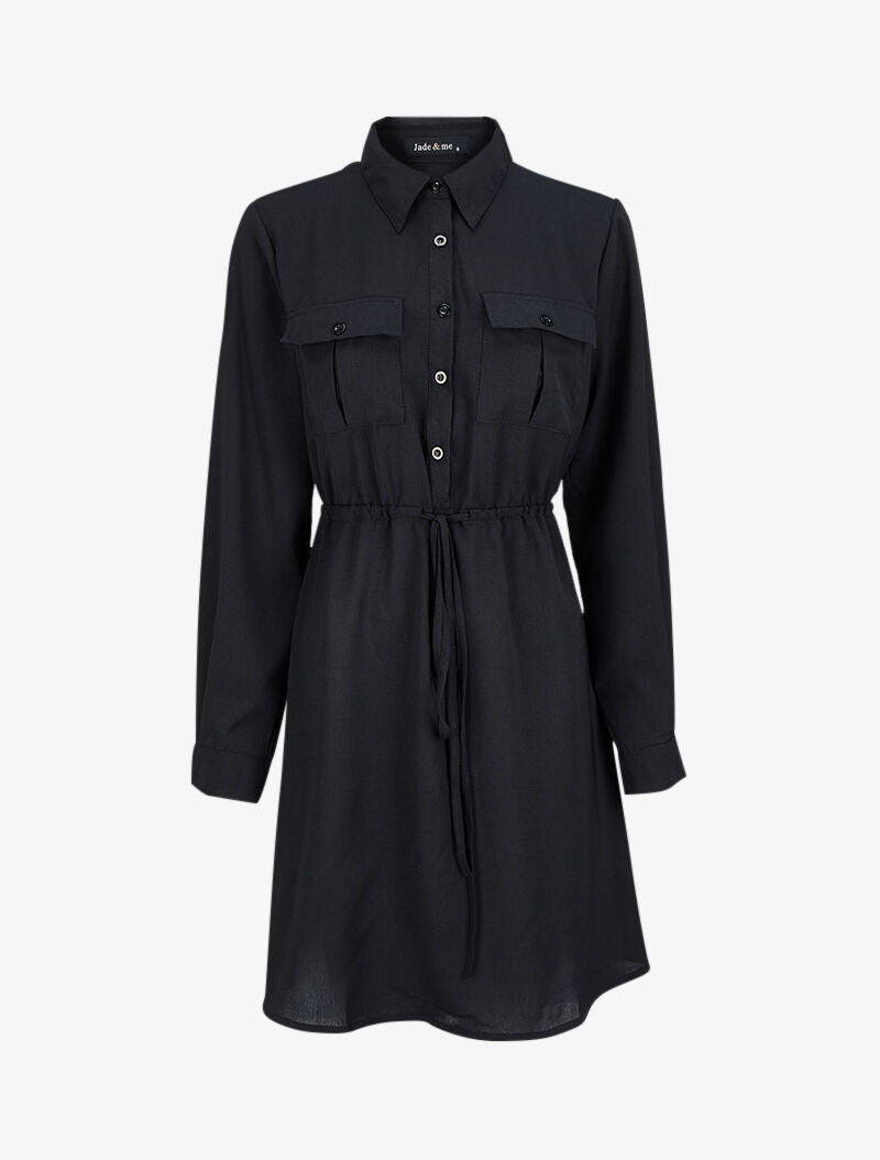 Robe chemise mi-longue à lien à nouer - Noir - 4