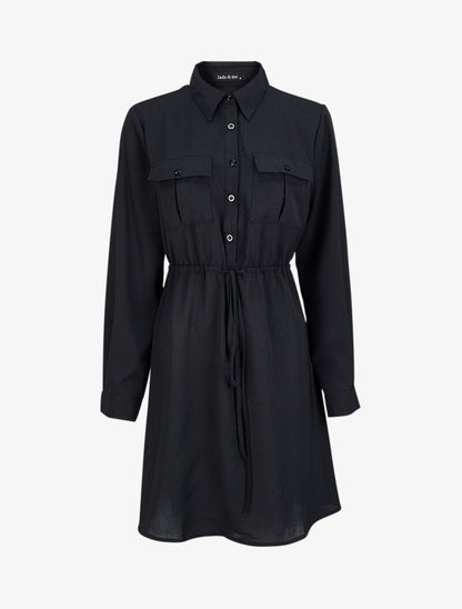 Robe chemise mi-longue à lien à nouer - Noir - 4