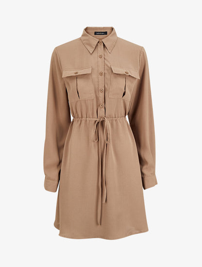 Robe chemise mi-longue à lien à nouer - Beige - 4
