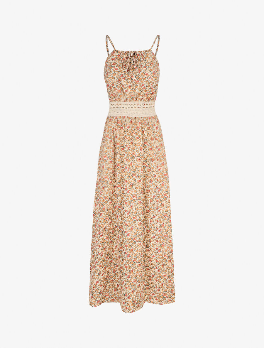 Robe longue à imprimé fleuri et taille brodée - Orange - 5