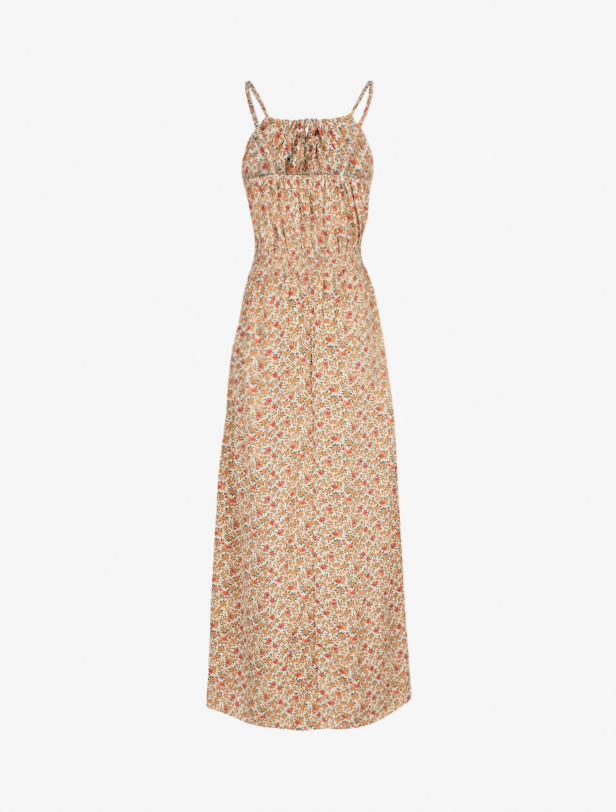 Robe longue à imprimé fleuri et taille brodée - Orange - 2