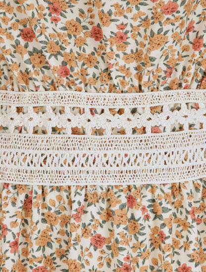 Robe longue à imprimé fleuri et taille brodée - Orange - 3