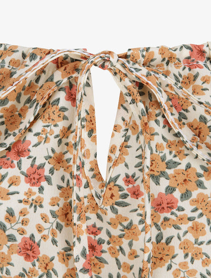 Robe longue à imprimé fleuri et taille brodée - Orange - 4