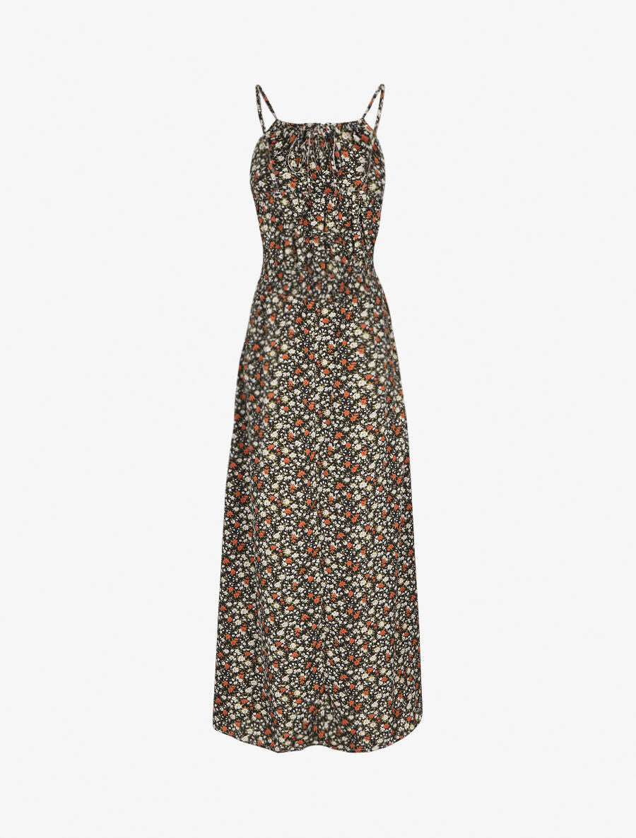 Robe longue à imprimé fleuri et taille brodée - Noir - 2