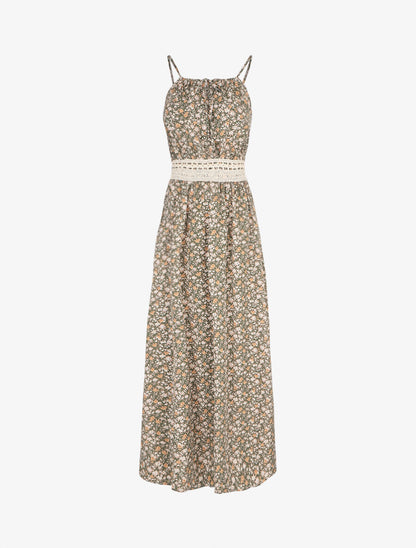Robe longue à imprimé fleuri et taille brodée - Kaki - 1