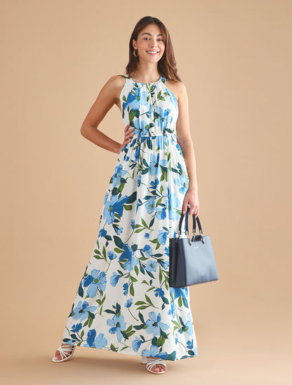 Robe longue imprimée marguerites géantes - Blanc/bleu - 5