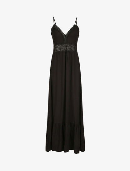 Robe longue à col V en dentelle - Noir - 5