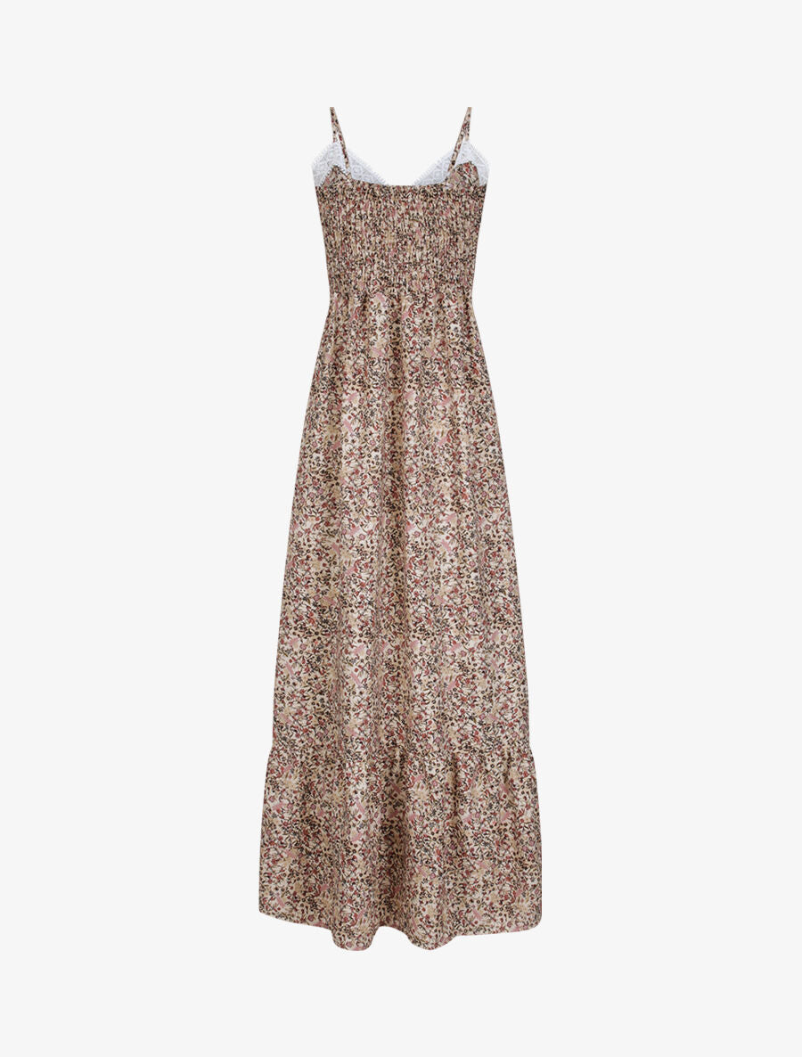 Robe longue imprimé petites fleurs à col V en dentelle - Beige - 2