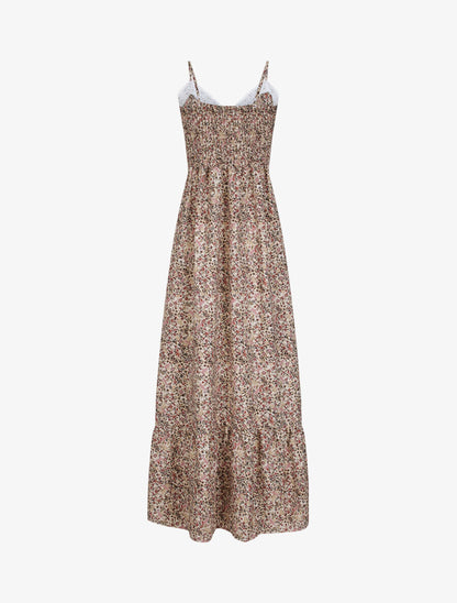 Robe longue imprimé petites fleurs à col V en dentelle - Beige - 2