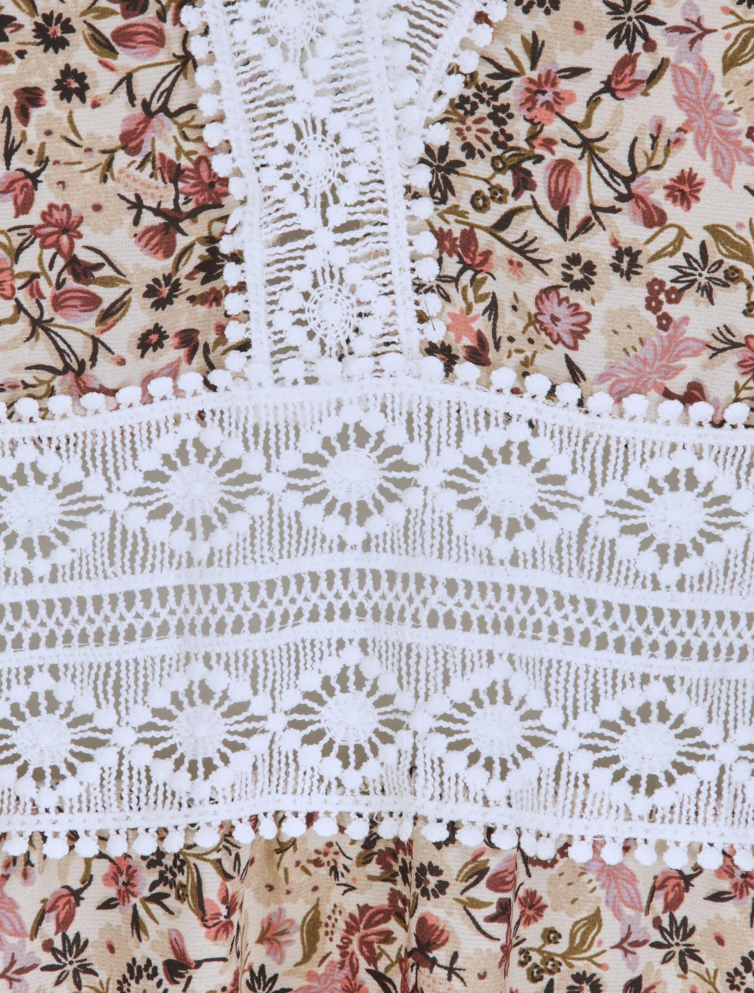 Robe longue imprimé petites fleurs à col V en dentelle - Beige - 3