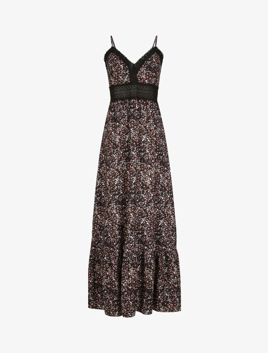 Robe longue imprimé petites fleurs à col V en dentelle - Noir - 1