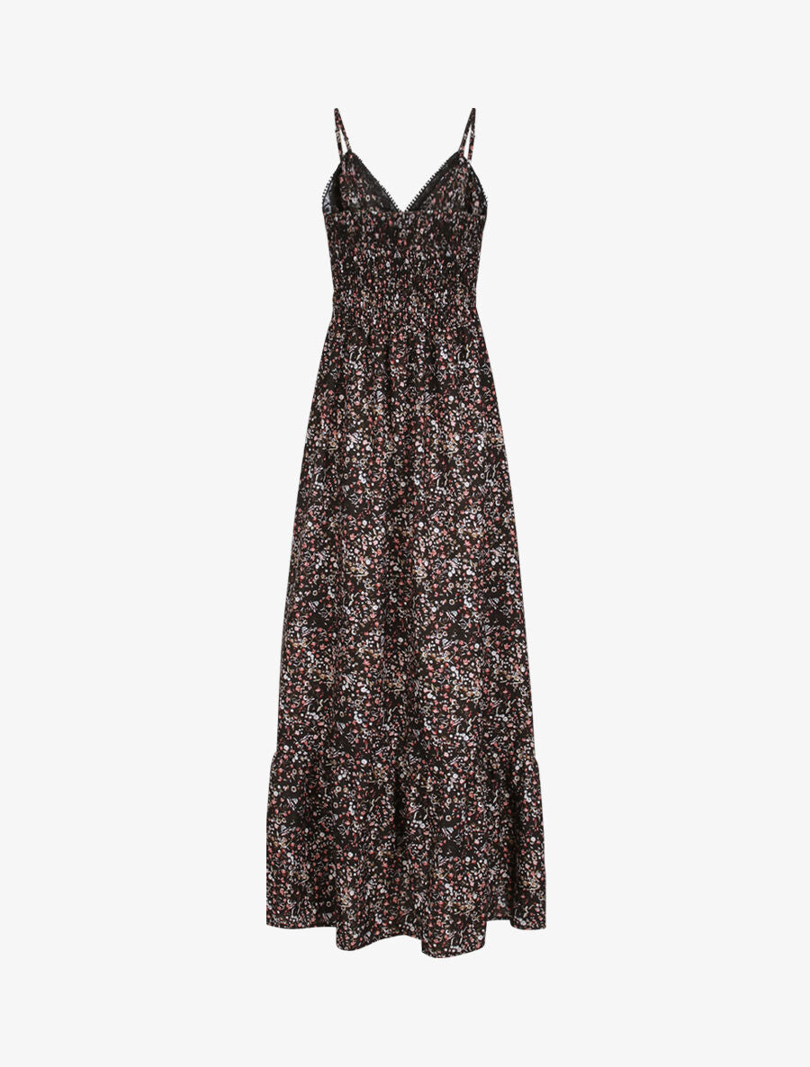 Robe longue imprimé petites fleurs à col V en dentelle - Noir - 2