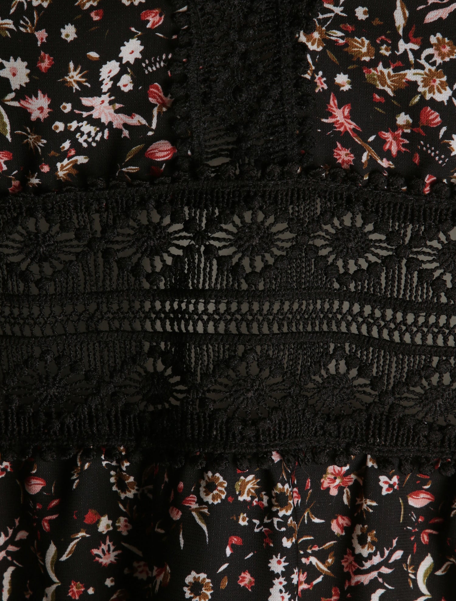 Robe longue imprimé petites fleurs à col V en dentelle - Noir - 3