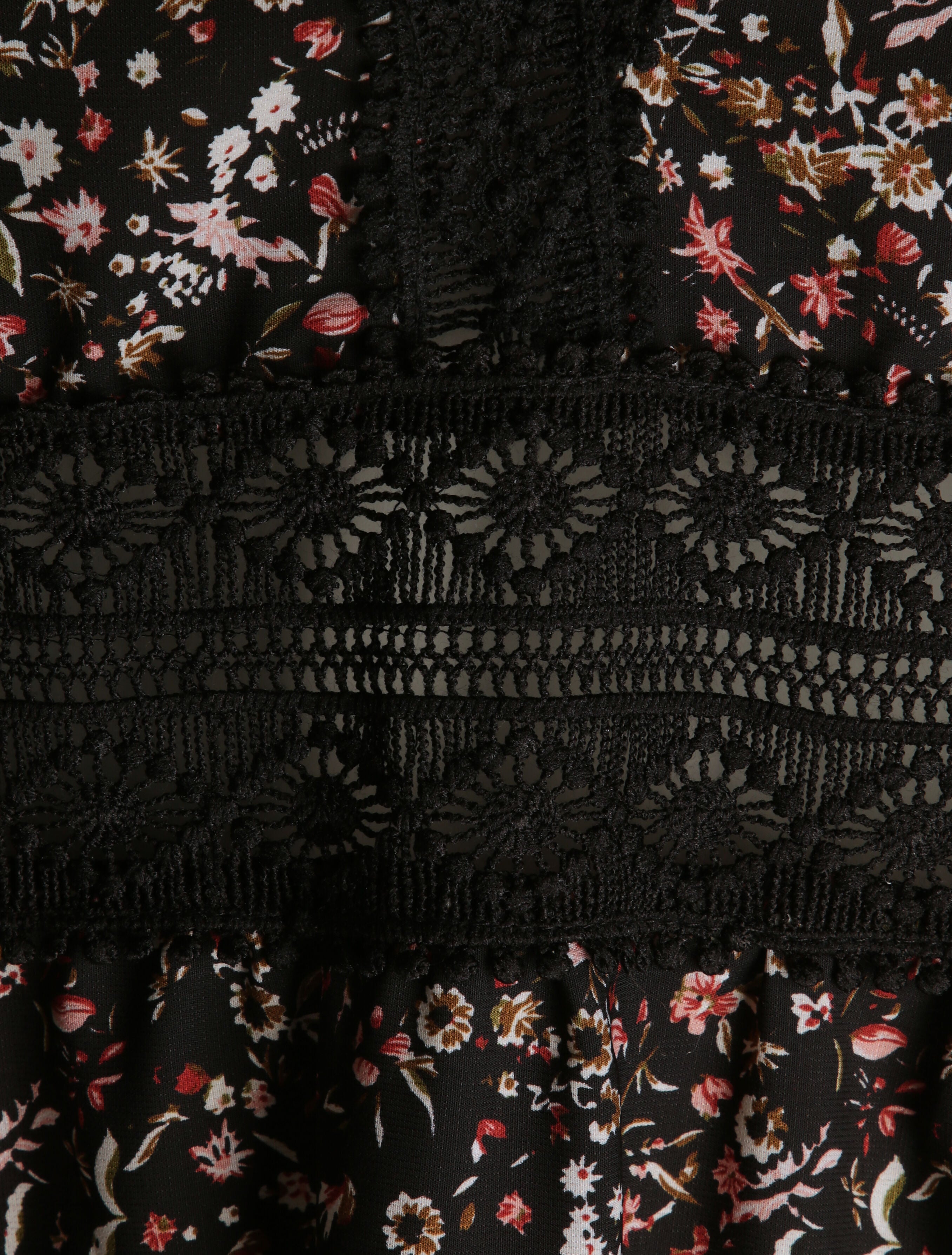 Robe longue imprimé petites fleurs à col V en dentelle - Noir - 3