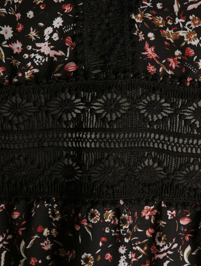 Robe longue imprimé petites fleurs à col V en dentelle - Noir - 3