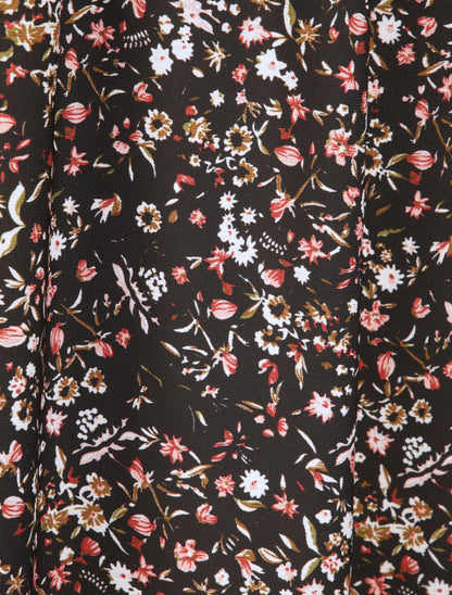 Robe longue imprimé petites fleurs à col V en dentelle - Noir - 4