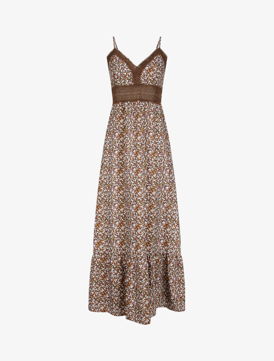 Robe longue imprimé petites fleurs à col V en dentelle - Marron - 5