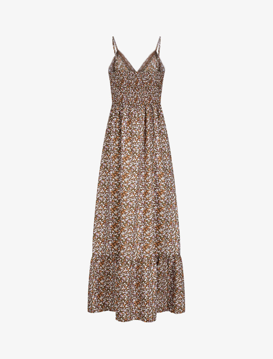 Robe longue imprimé petites fleurs à col V en dentelle - Marron - 2
