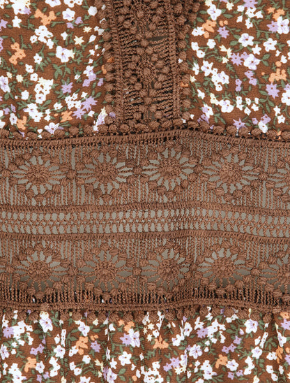 Robe longue imprimé petites fleurs à col V en dentelle - Marron - 3
