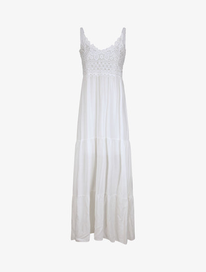 Robe longue empire à col V en dentelle - Blanc - 4
