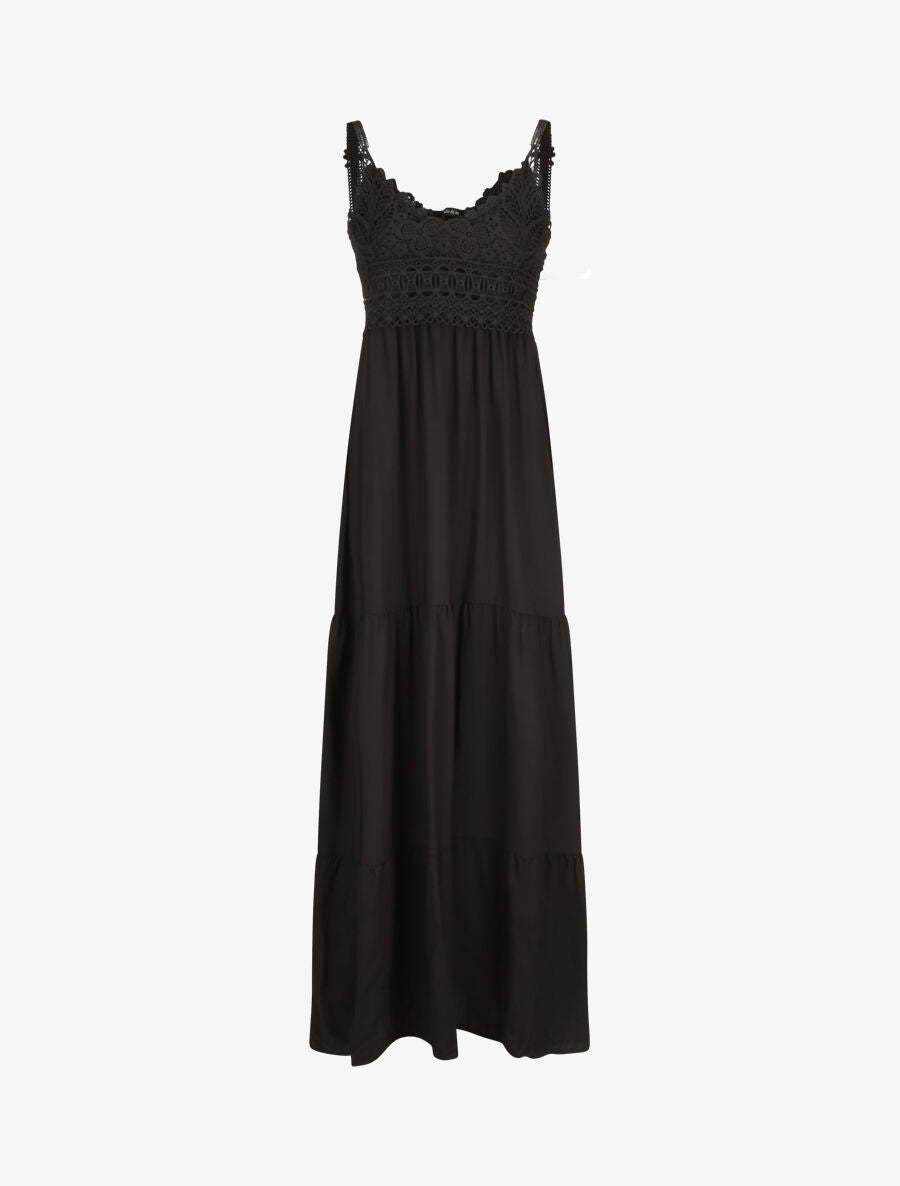 Robe longue empire à col V en dentelle - Noir - 4