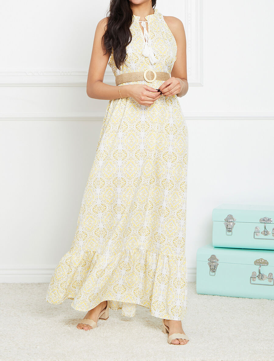 Robe longue évasée imprimé faïence fleurie - Jaune - 4