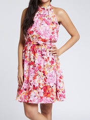 Robe cintrée imprimé grandes fleurs à col américain - Rose - 1