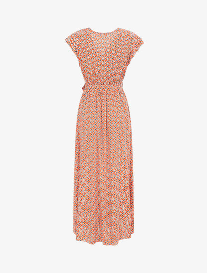 Robe longue empire à épaules volantées imprimé marguerites stylisées - Orange - 2