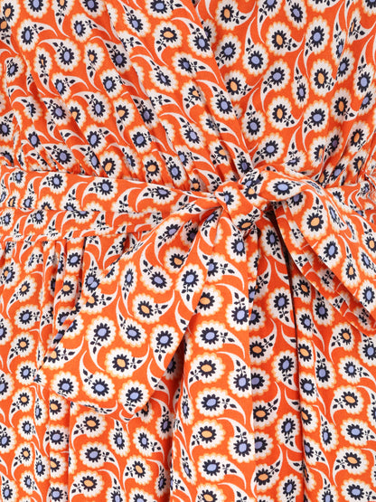 Robe longue empire à épaules volantées imprimé marguerites stylisées - Orange - 3